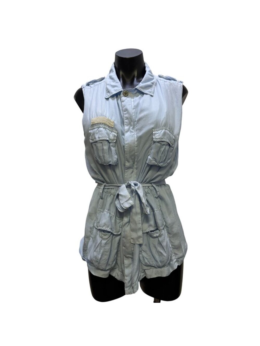 Pete & Greta Blue Sleeveless Utility Vest With Pockets & Tie Waist S